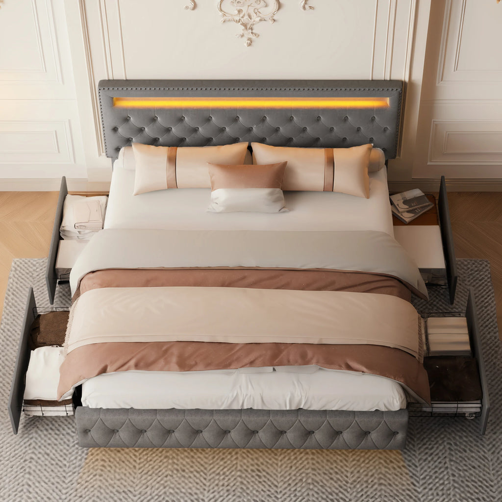 Full Size LED Bed Frame with Storage Drawers, RGBW Lights, Adjustable Headboard, No Box Spring, PU/Velvet Upholstered