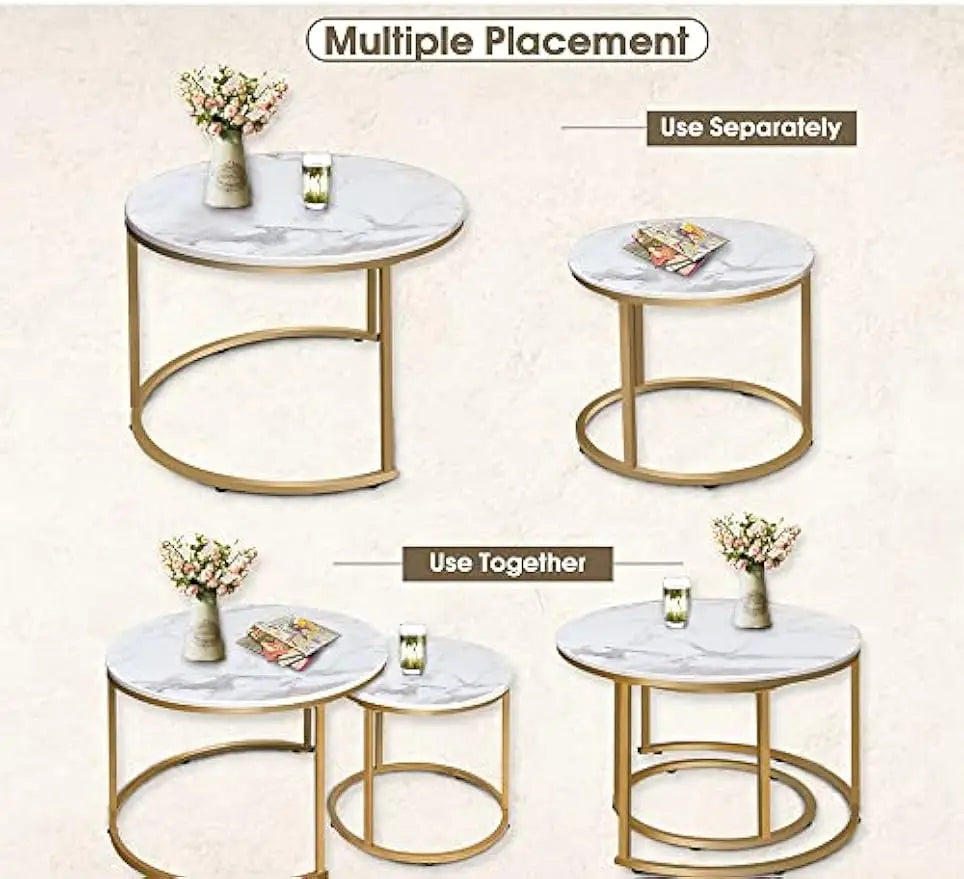 Coffee Table Nesting White Set of 2 Side Set Golden Frame Circular Round and Marble Pattern Wooden Tables, Living Room Bedroom