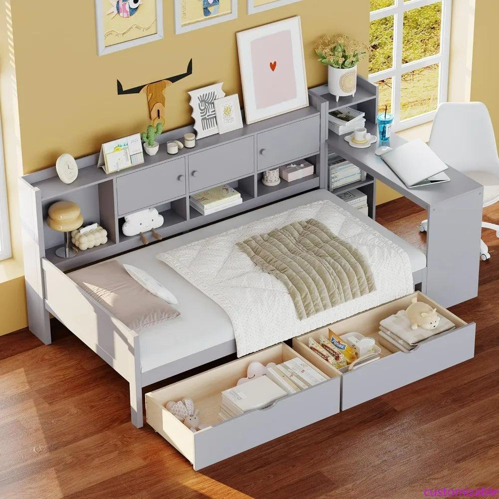 L-Shaped Wooden Daybed with Storage, Desk, and Bookshelf for Twin-Size Multi-Functional Use