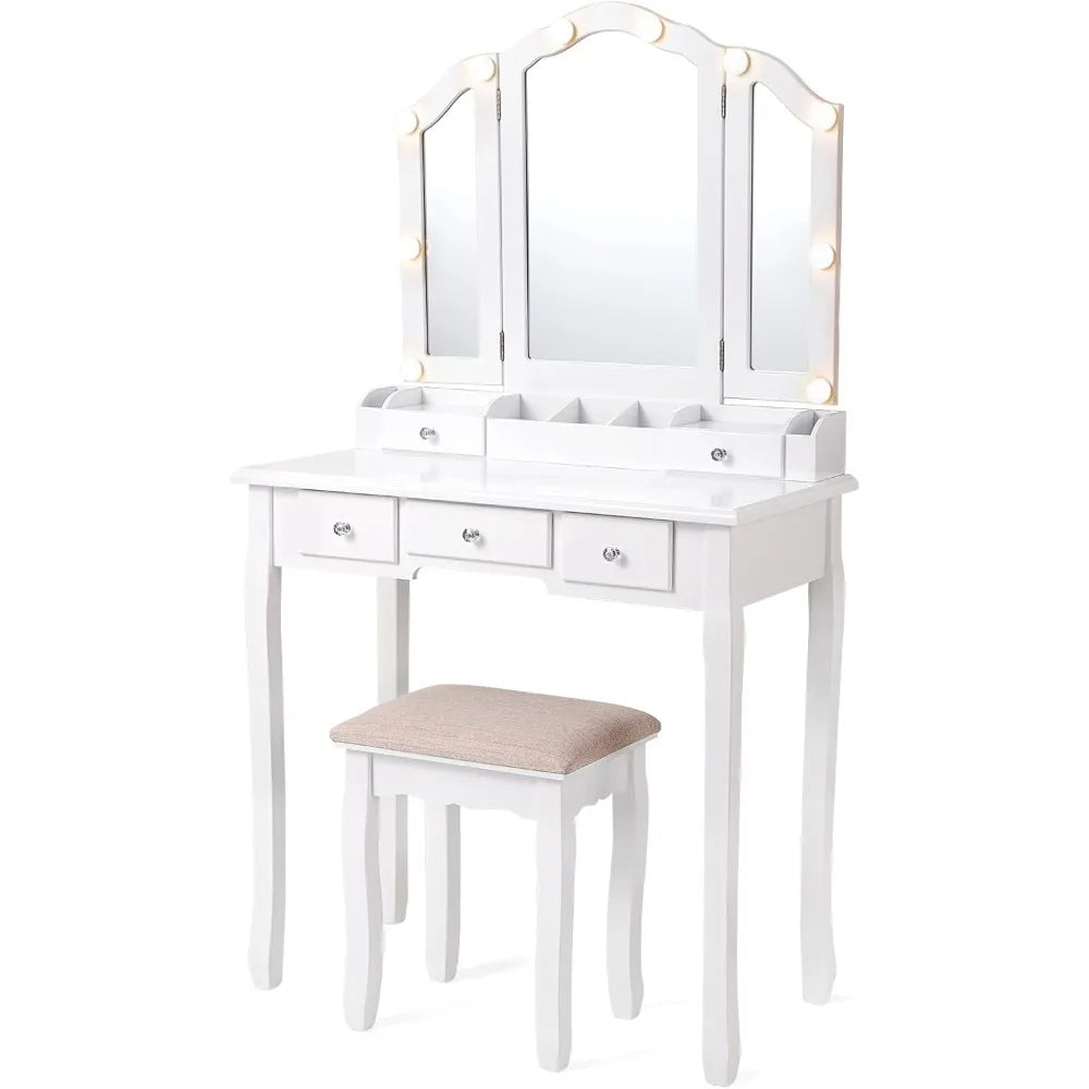 Luminated Makeup Vanity Desk with Tri-Fold Mirror and White Finish