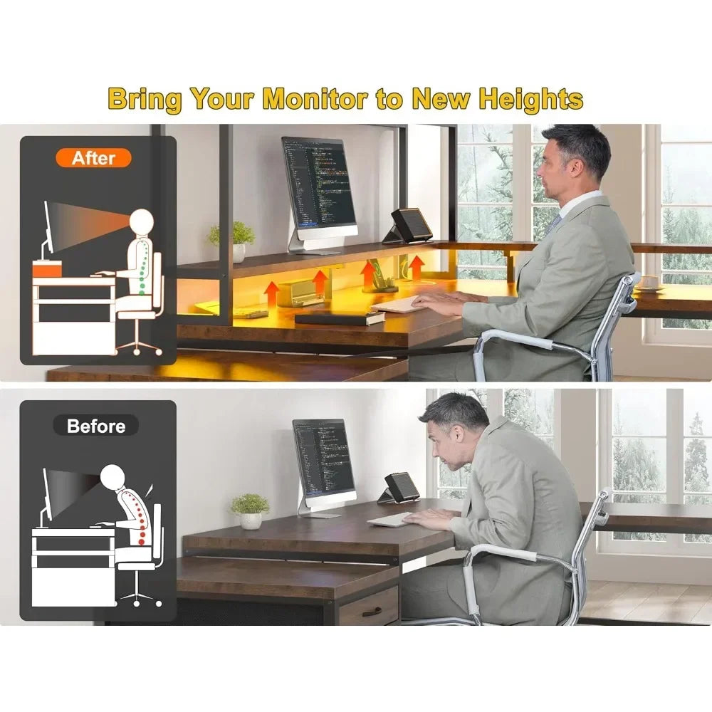 Dual-Sided L-Shaped Desk with Hutch, Drawers and Monitor Shelf