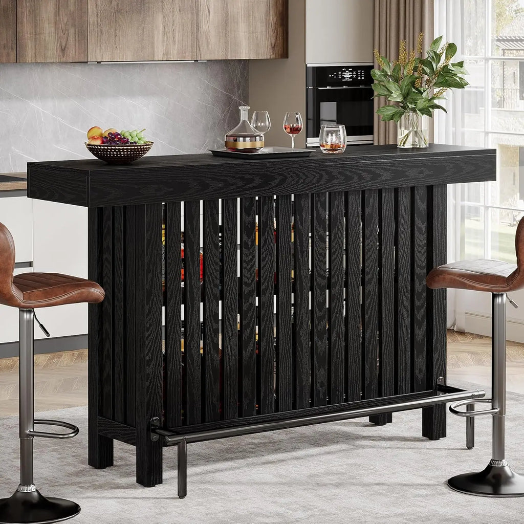Black Large Home Bar Unit, 2-Tier Mini Bar Pub Table with Footrest, 63-Inch Modern Coffee Bar Cabinet