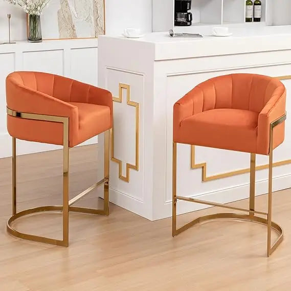 Counter Height Bar Stools Set of 2, Modern 27" H Barrel Counter Stools with Shell Back, Gold Velvet Bar Stools for Kitchen Island