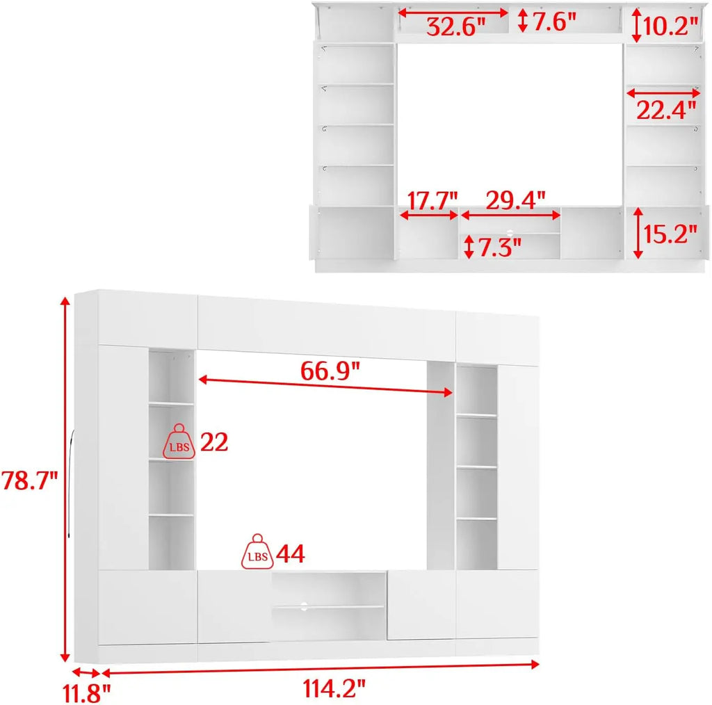 114" Large Wall Unit Entertainment Center with Bookshelves, Lights and 18 Shelves, Modern 4-Piece TV Stand Media Console Table