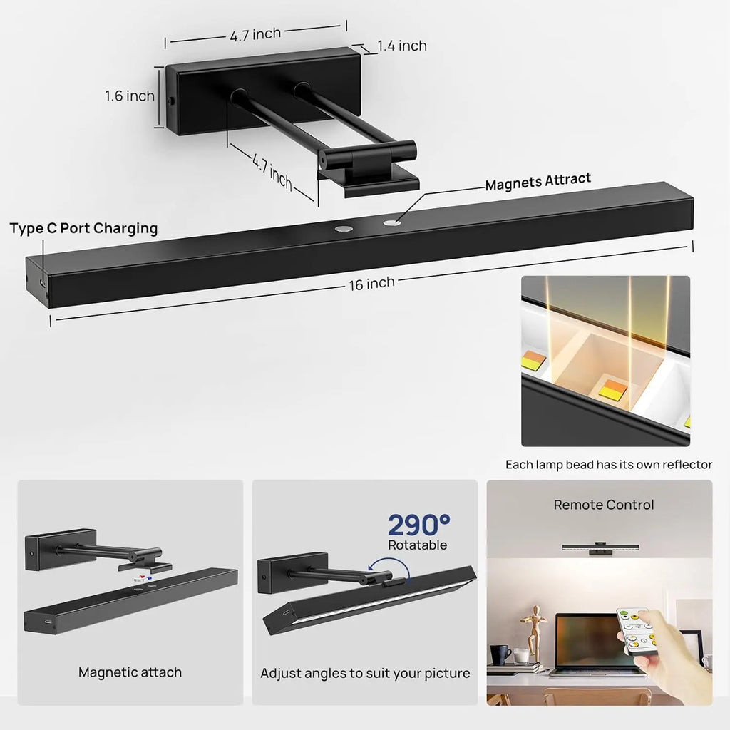 16in Wireless Art Light for Paintings /CCT Dimmable Recharging Battery/ Picture Light with Remote Control for Gallery Dartboard