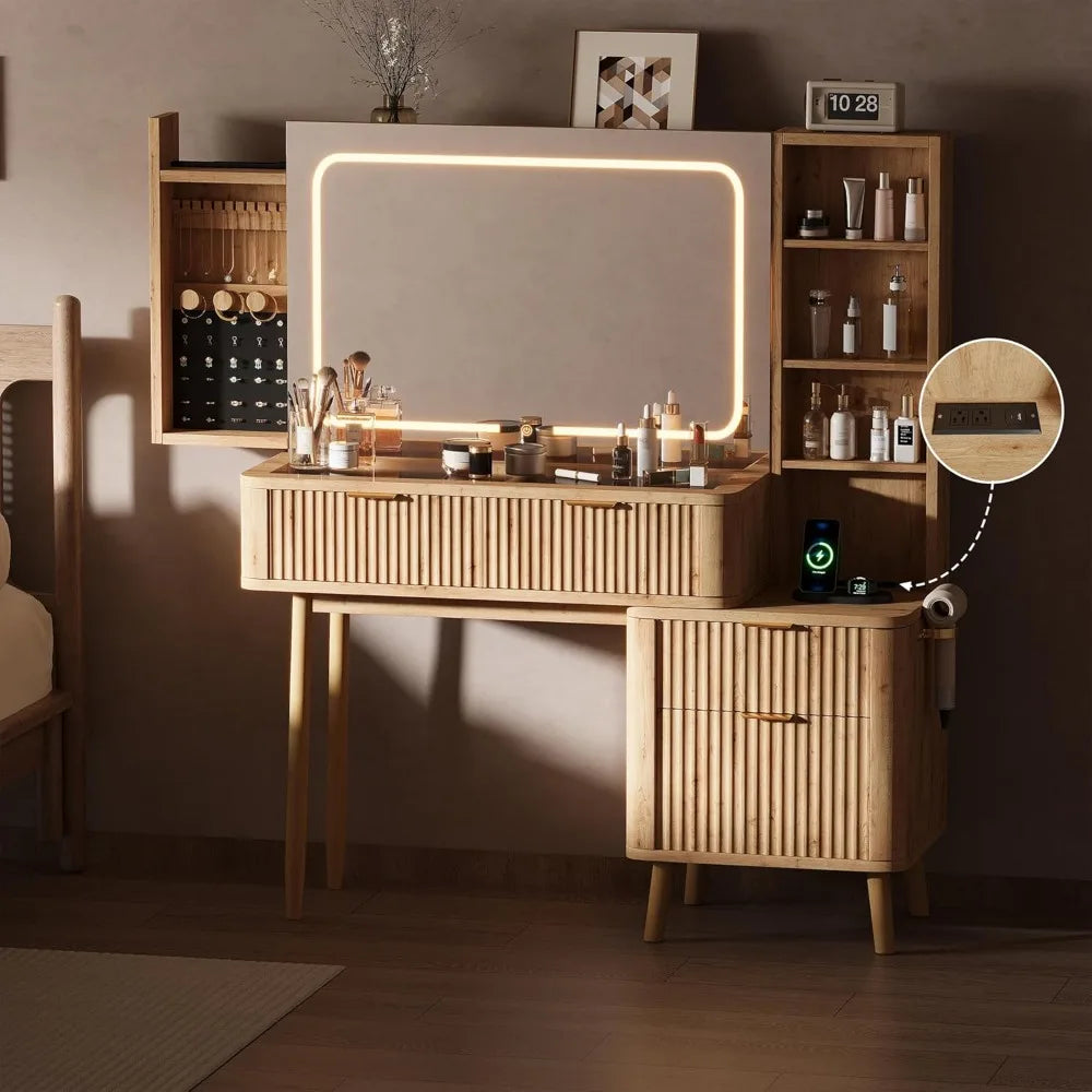 Elegant 48-inch Wooden Makeup Desk with Clear Glass Top, Illuminated Vanity Mirror, and Wall-Mounted Jewelry Holder