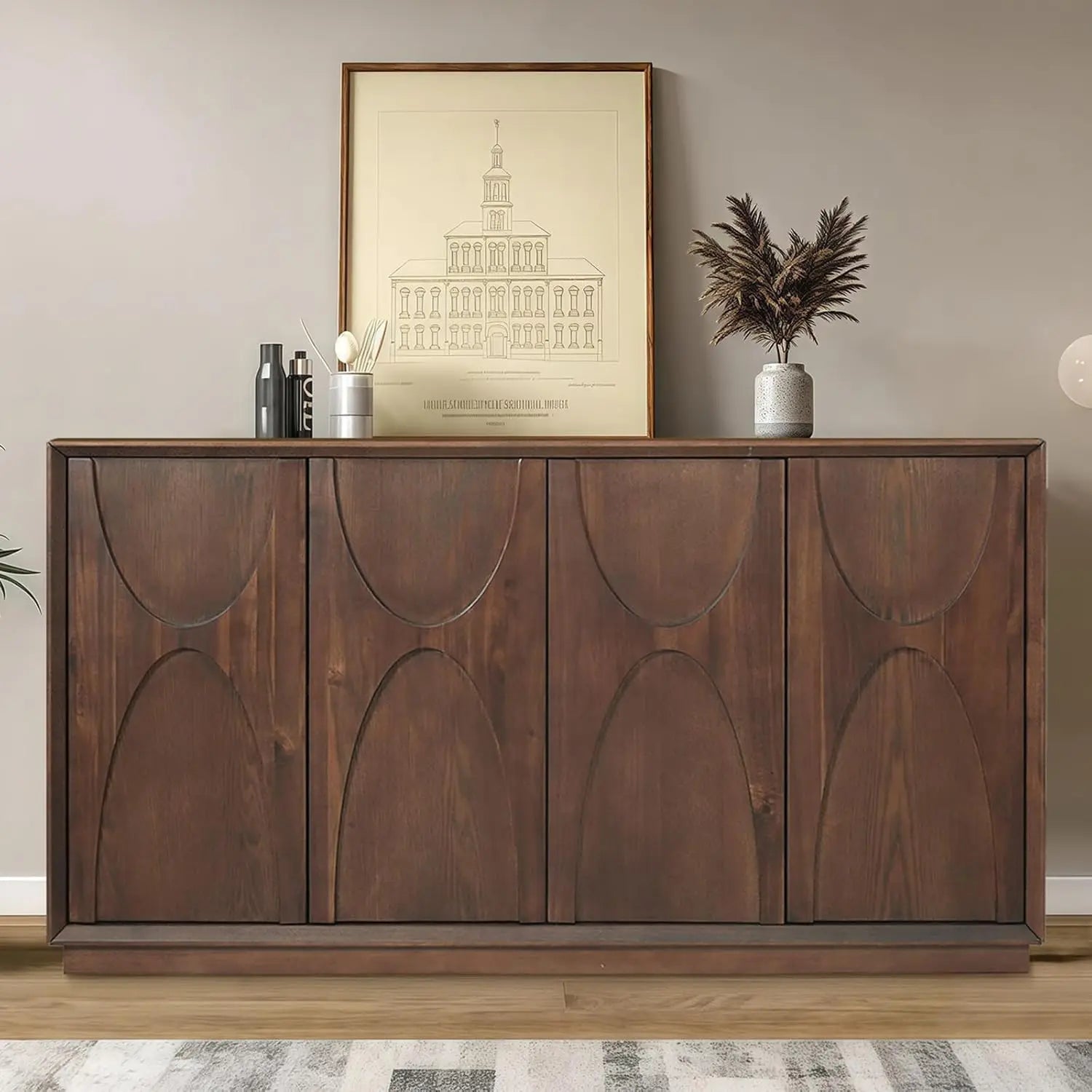 NEW 59" Sideboard Buffet Cabinet/ Retro Accent Storage Cabinet with Magnetic Door Latches/ Adjustable Shelf