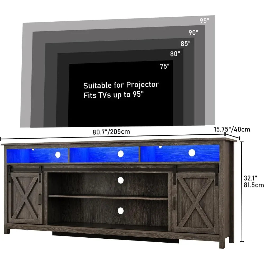 80" LED Farmhouse TV Stand for 90/85/80" TVs, Tall Entertainment Center Storage Cabinets w/Power Outlets and Sliding Barn