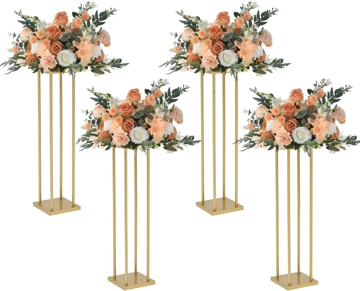 4pcs 31.5 Inch Rectangular Gold Metal Flower Stand Vase Column for Wedding Party Home Decor Flower Display Rack