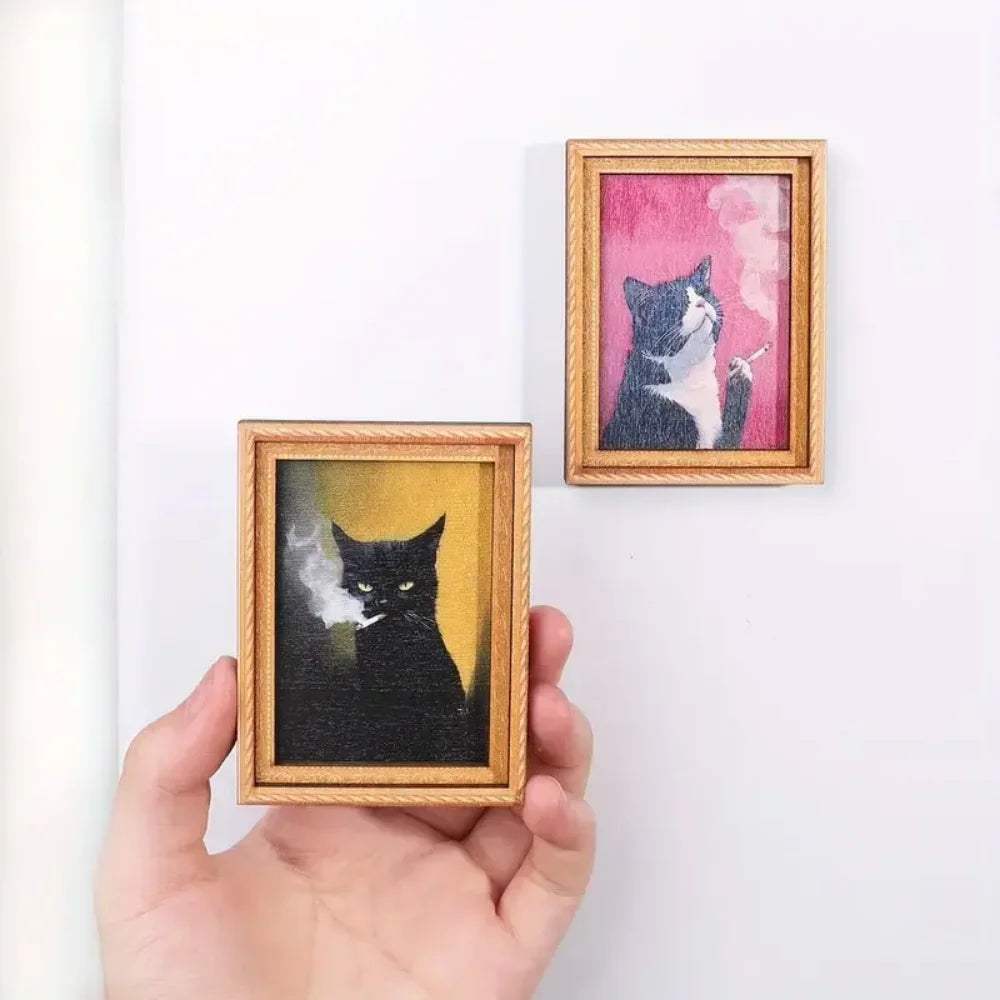 3D Funny Wooden Fridge Magnets Frame, Retro Cool Cat Magnetic Refrigerator/ Locker Magnet/ Photo Frames Holder for Home/ Kitchen/ Office Indoor/ Outdoor Decorations