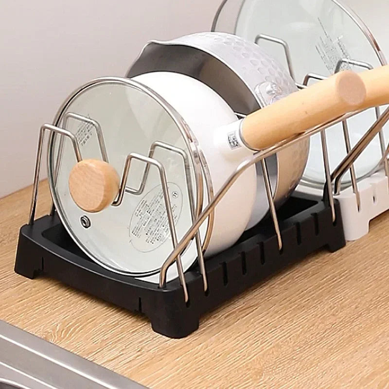 Kitchen Organizer Adjustable Pot Lid Rack, Spoon Holder Shelf, Cooking Dish Drainer Drying Rack, Pan Cover Stand