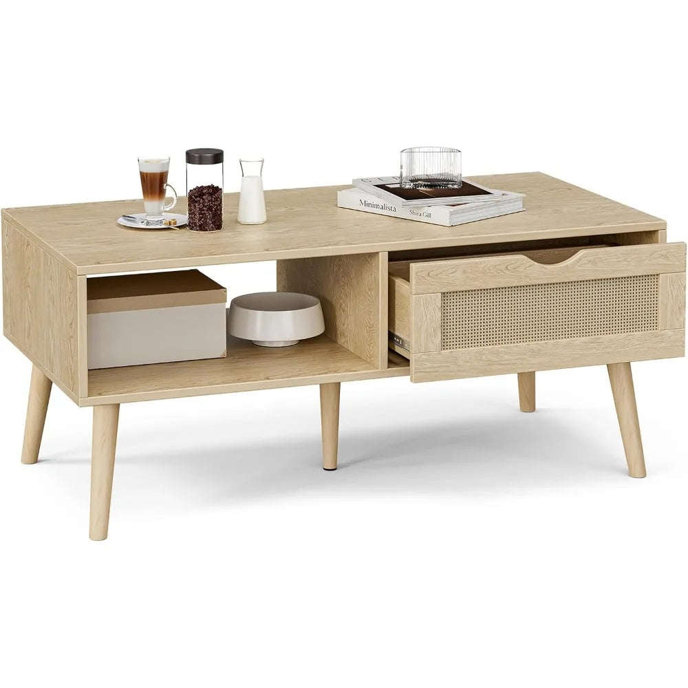 Storage Coffee Table, Bohemian Rattan Drawer , Compact Coffee Tables for Living Spaces, Oak Finish