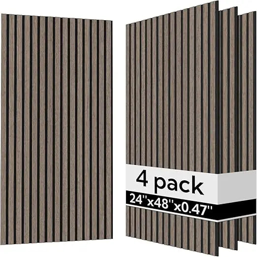 4-Pack Acoustic Wood Wall Panels, 23.6 x 47.2 Dark Walnut Sound Absorbing Slat Panels