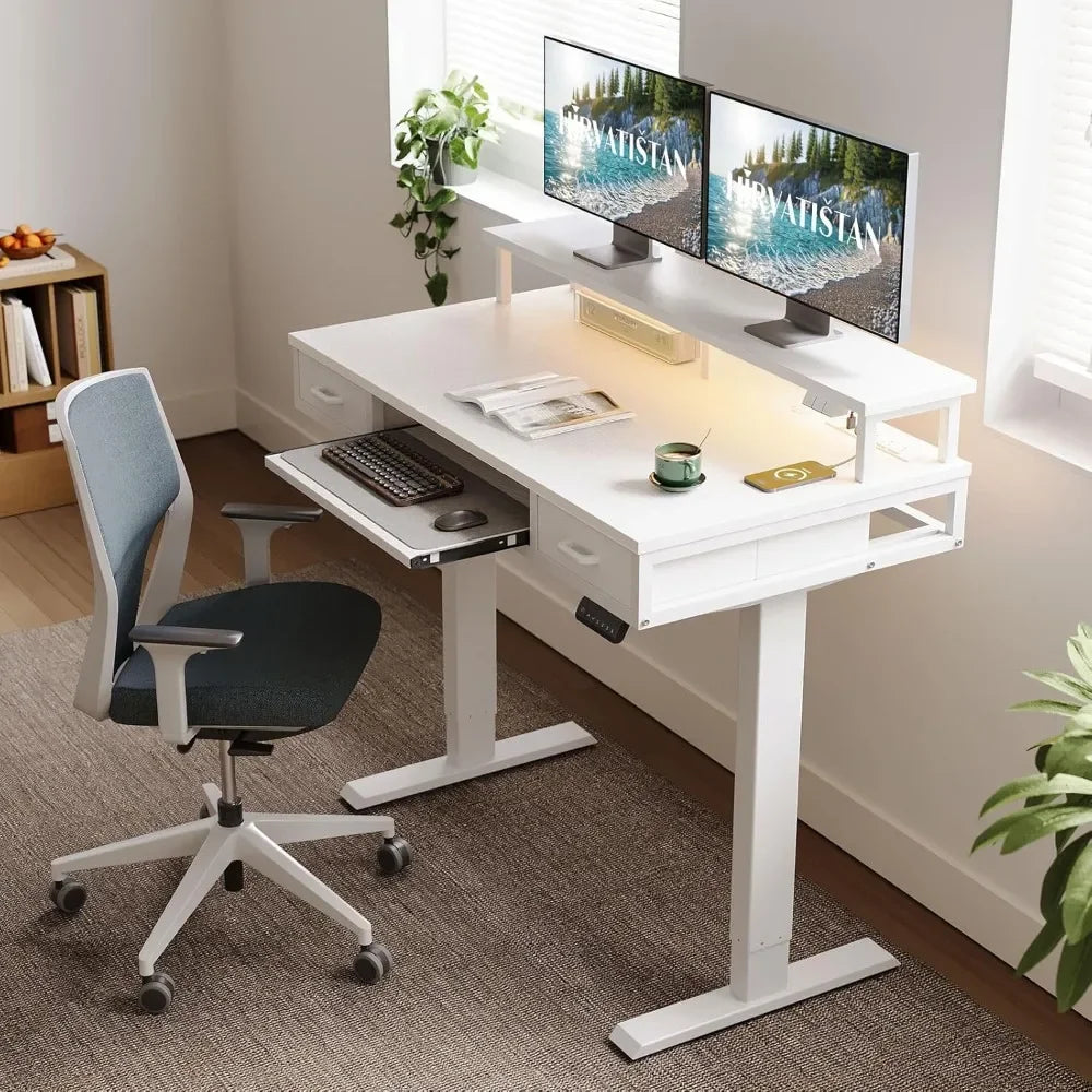 Electric Standing Desk with Drawers & Keyboard Tray, 47 Inch Height Adjustable Small Gaming Desk with Power Outlets & LED Light