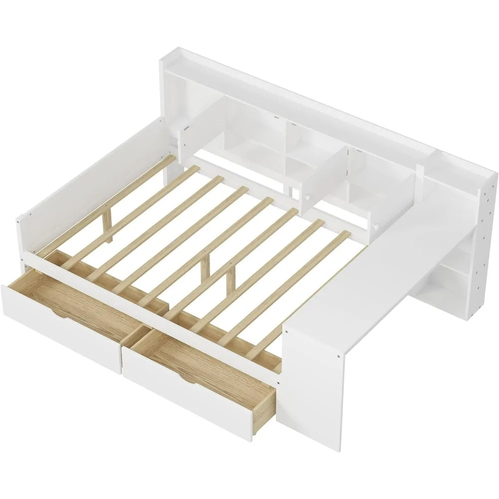 L-Shaped Wooden Daybed with Storage, Desk, and Bookshelf for Full-Size Beds