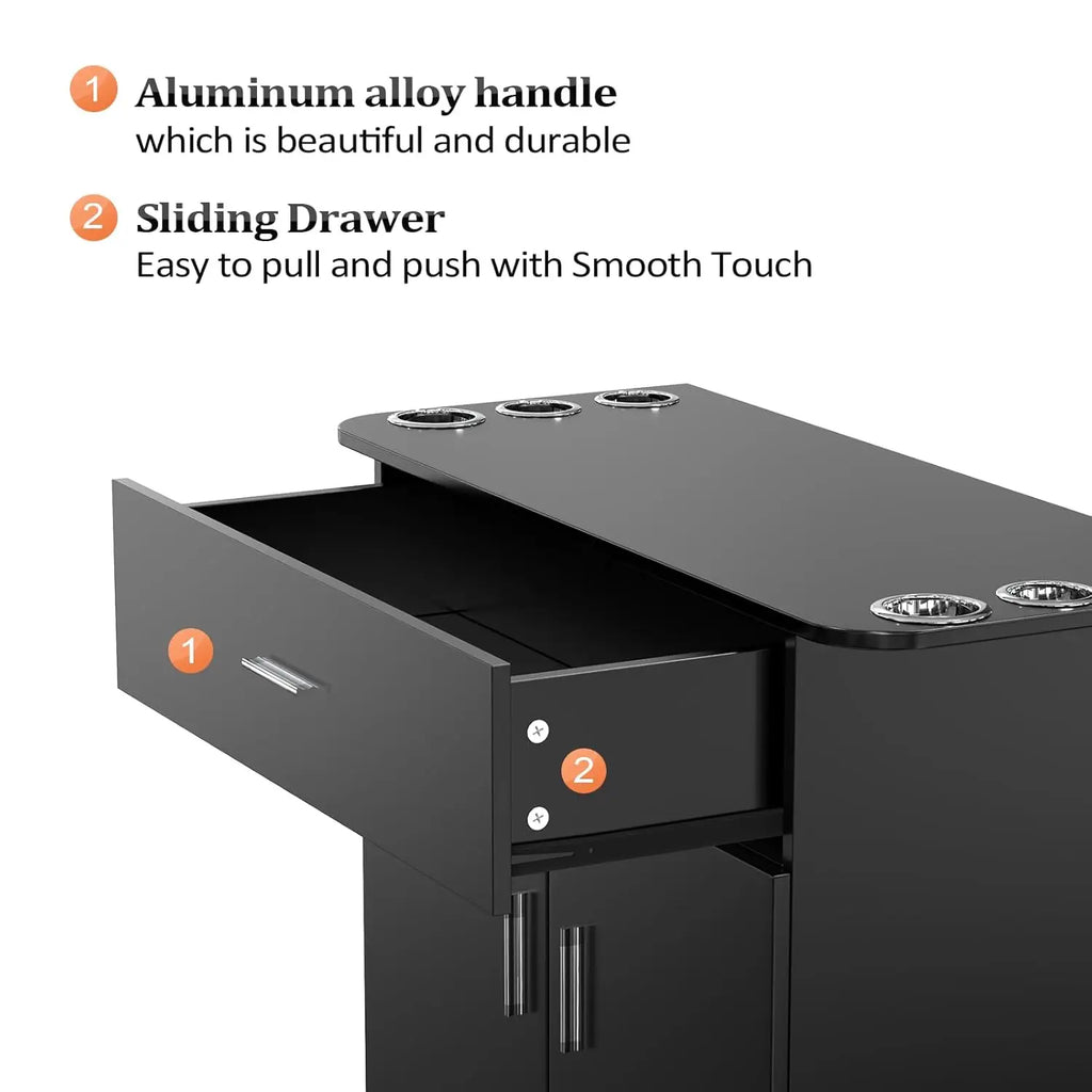 Salon Storage Station, Free Standing Cabinet with 1 Drawer, 1 Storage Cabinet, 6 Hair Dryer Holders for Hair Styling, Black