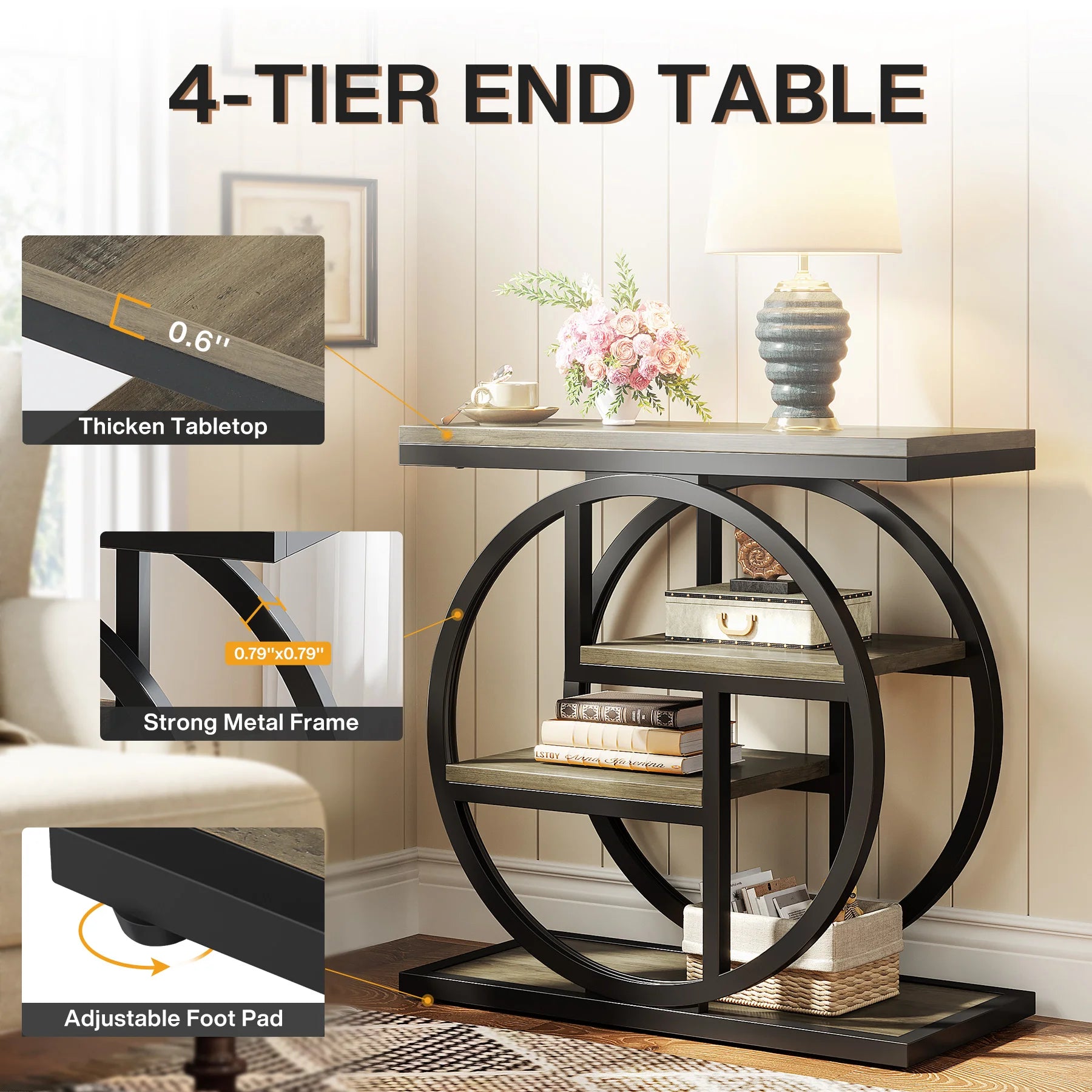 End Table for Living Room and Bedroom, 4-Tier Narrow Side Table with Storage Shelves