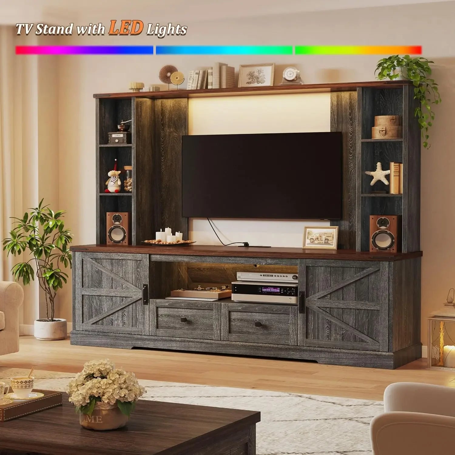 Wood TV Stand, Large Wall Unit Entertainment Center, Living Room with 2 LED Lights & Power Outlets, Storage Shelves ,Dark Grey