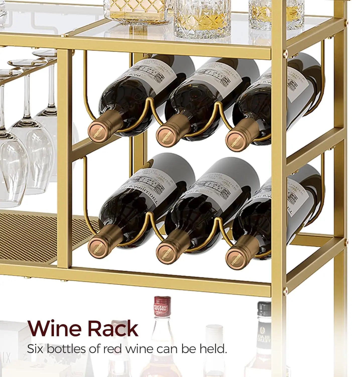 Bar Cart for Home, 3-Tier Serving Cart with Wheels and Handle, Beverage Cart with Wine Rack and Glass Holders