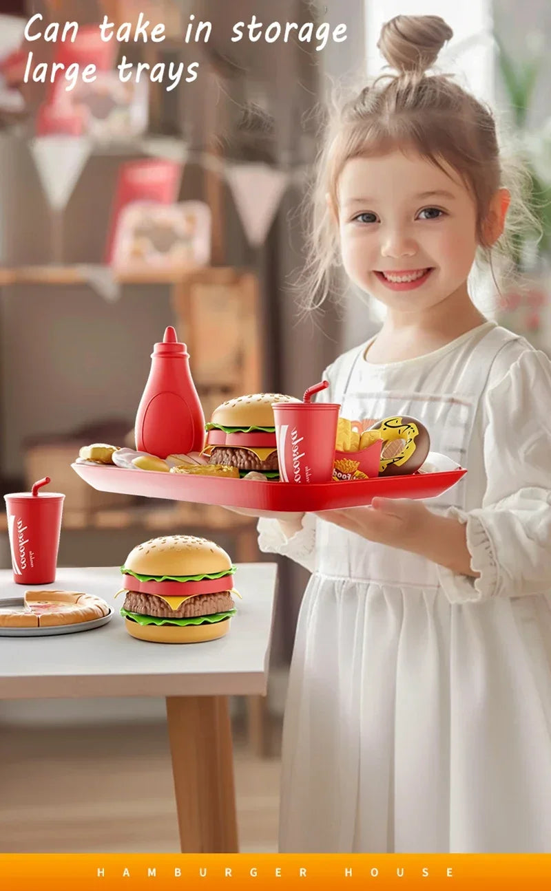 Kid Kitchen Toy Set /Simulation/ Make Hamburgers, Pizza, Fries, Pretend Play Food Cooking/ Cutting Game/ Montessori Interactive Toy Gift