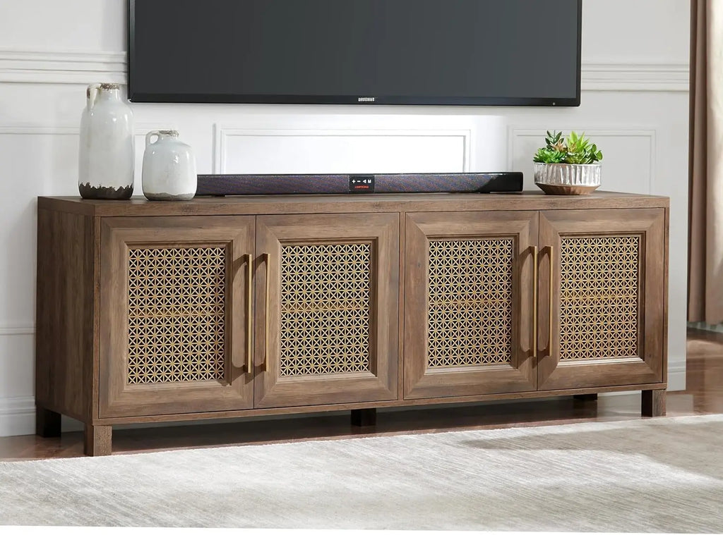 TV Stand for TVs Up to 75", 69.5" Rustic Oak Entertainment Center with 4 Gold Metal Mesh Doors