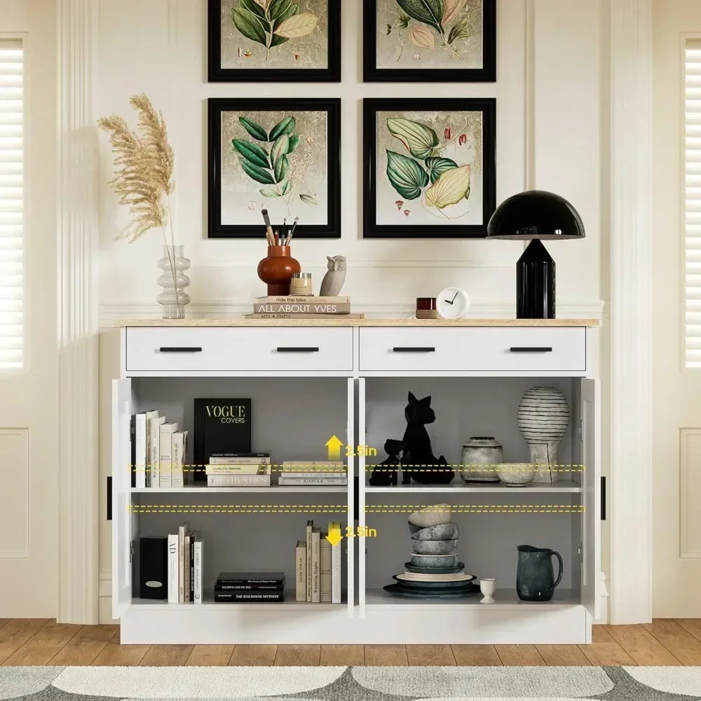 White Buffet Cabinet, Coffee Bar Cabinet with 2 Drawers & 4 Doors, Kitchen/ Buffet Sideboard for Living Room, Kitchen