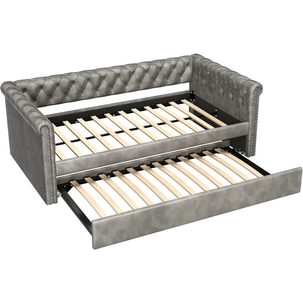 Modern Velvet Daybed with Trundle, Sofa Bed Featuring Tufted Button Design and Curved Armrests for Living Spaces and Bedrooms