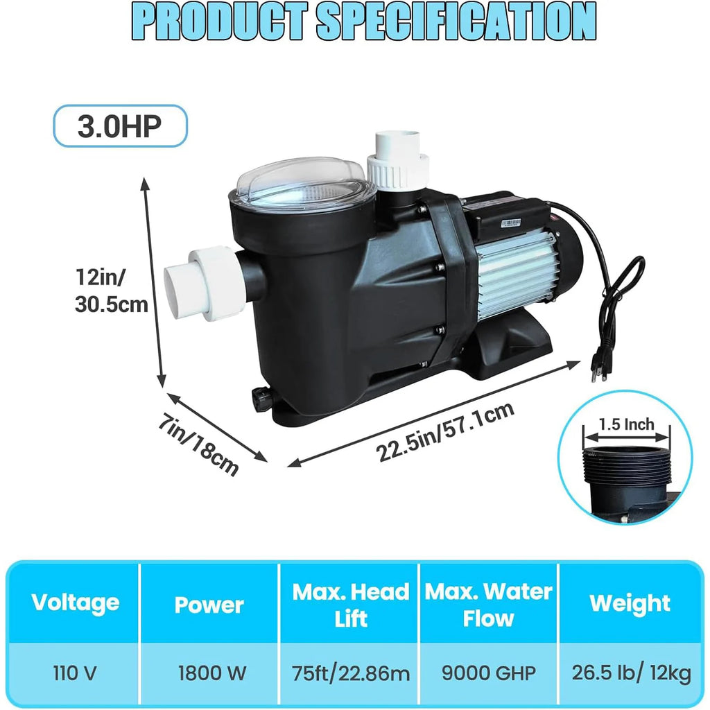 Swimming Pool Pump 3HP 110V 1100W 9000 GPH Single Speed for Above/In Ground Pool High-Flow Pool Pump with Strainer Filter Basket
