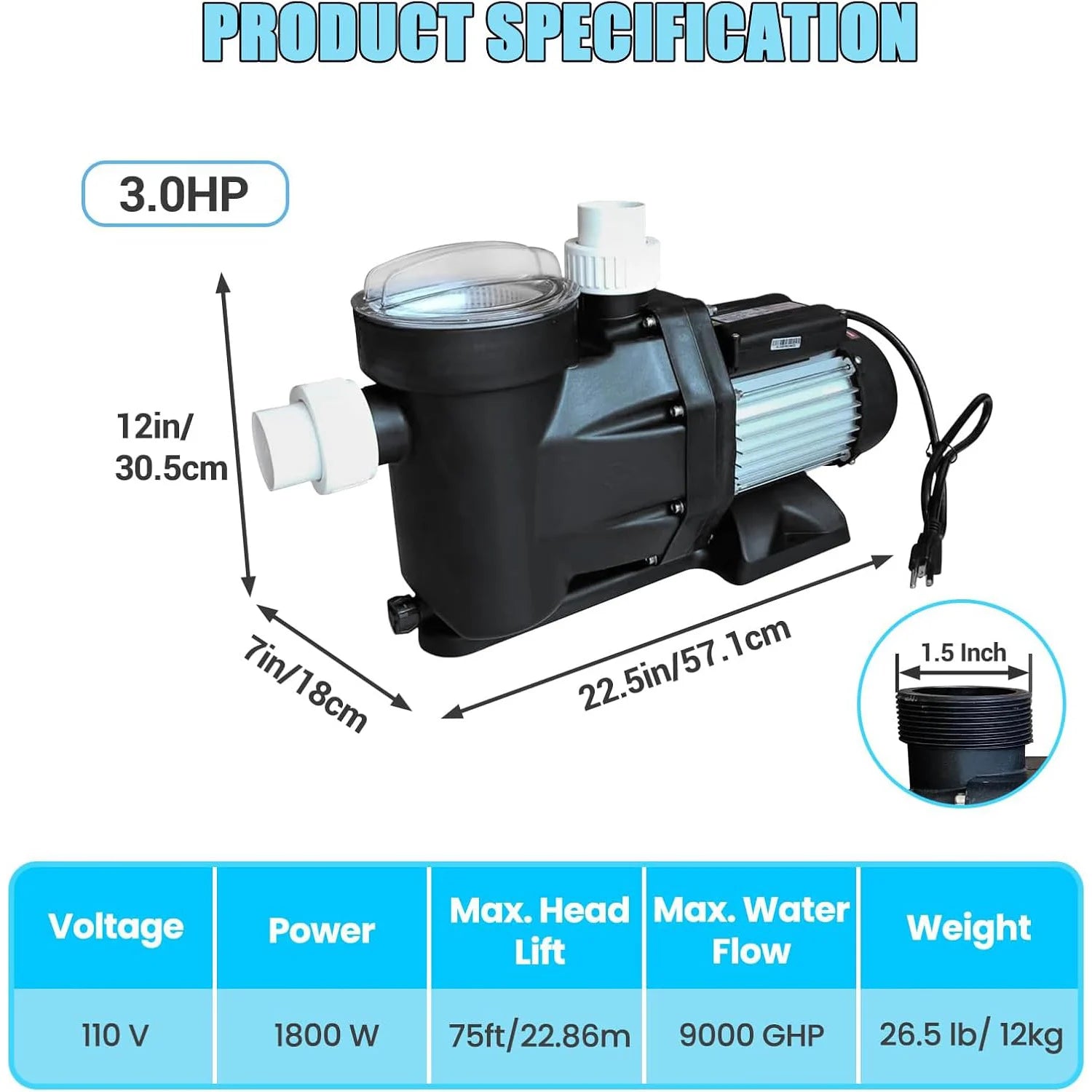 Swimming Pool Pump 3HP 110V 1100W 9000 GPH Single Speed for Above/In Ground Pool High-Flow Pool Pump with Strainer Filter Basket