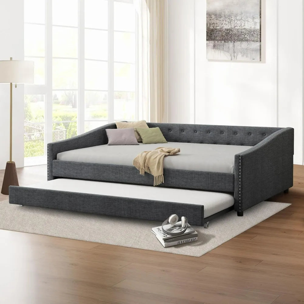 Full-Size Tufted Daybed with Waved Arm Piping and Trundle for Bedroom and Guest Spaces