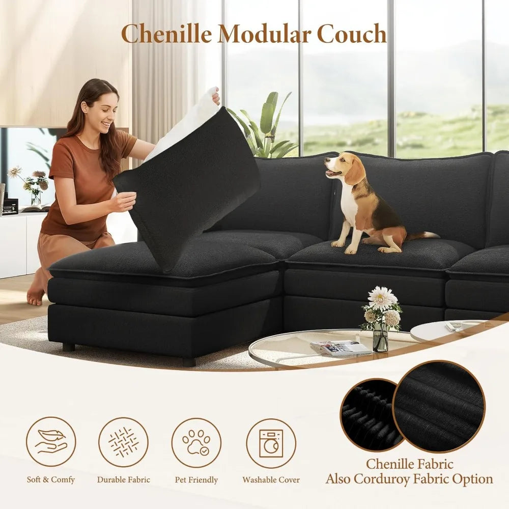 142" Cloud Couch Sectional Modular Sofa, Comfy Sectional Couch with Ottoman Deep Seat Chenille L Shaped Sofa, Modular Couches