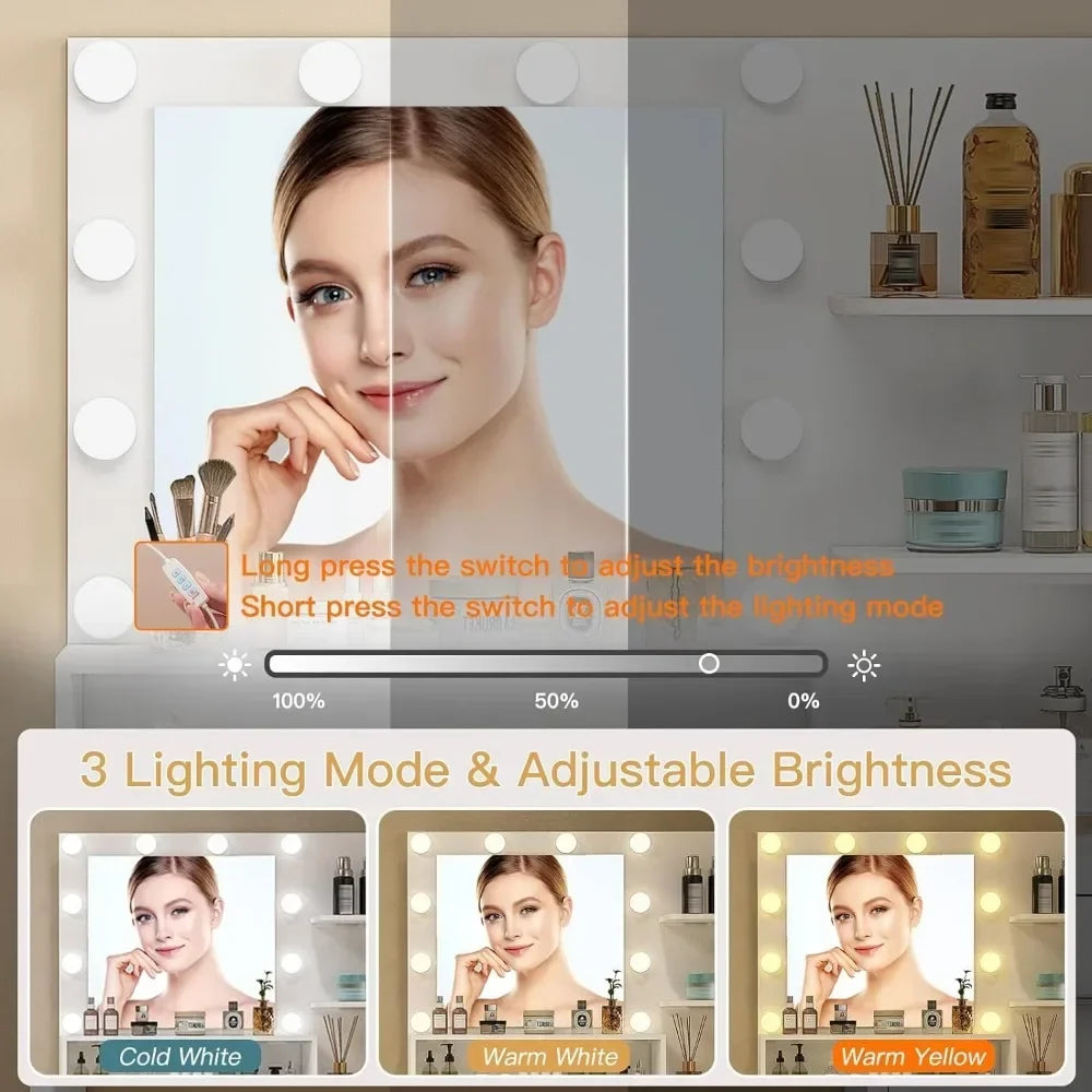 Makeup Vanity Desk with Mirror & Lights, 5 Drawers & Storage Shelves, Vanity Table, 3 Color Modes & Adjustable