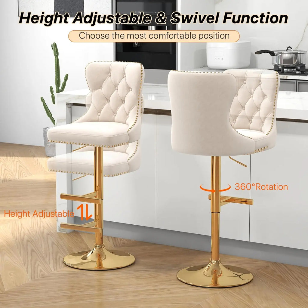 Bar Stools Set of 2, Velvet Swivel Counter Height Stoolsk, Adjustable Seat with Nailheads Trim, Upholstered Bar Chairs