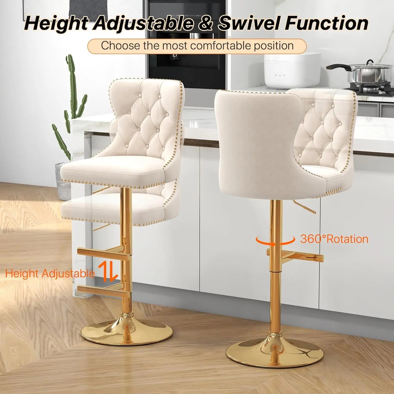 Bar Stools Set of 2, Velvet Swivel Counter Height Stoolsk, Adjustable Seat with Nailheads Trim, Upholstered Bar Chairs