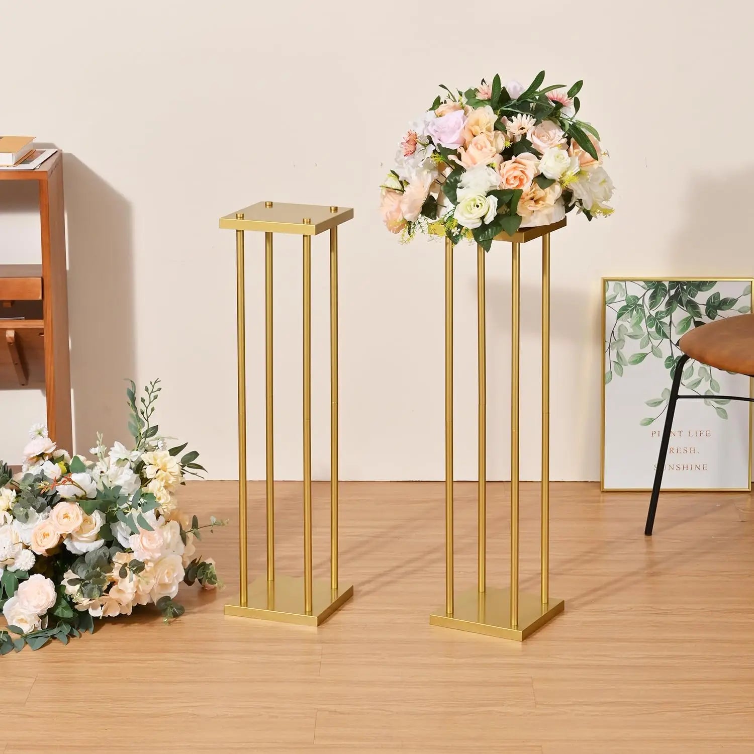 4pcs 31.5 Inch Rectangular Gold Metal Flower Stand Vase Column for Wedding Party Home Decor Flower Display Rack