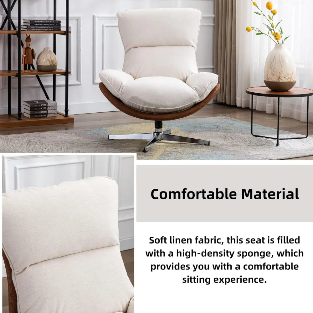 Linen Swivel Lounge Chair, Upholstered High Back Accent Chair with Metal Base Armless Comfy Modern Recliner Chair for Living Room