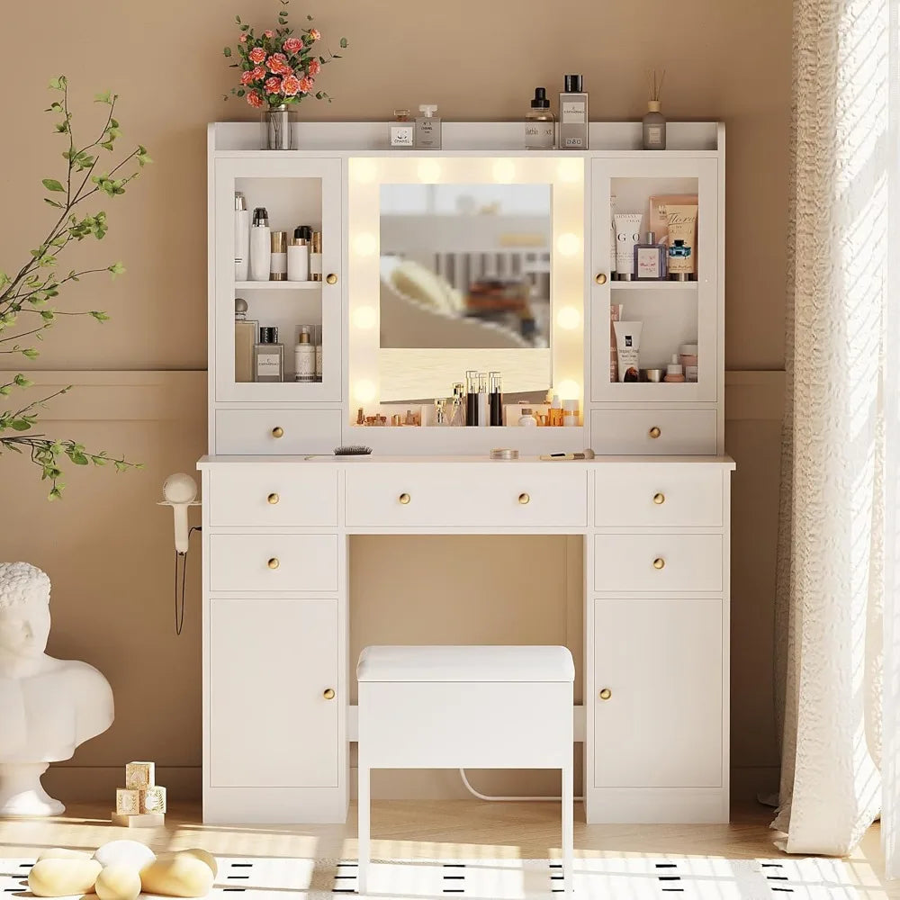 Illuminated Makeup Vanity Desk with White Mirror, Chair, and Charging Station