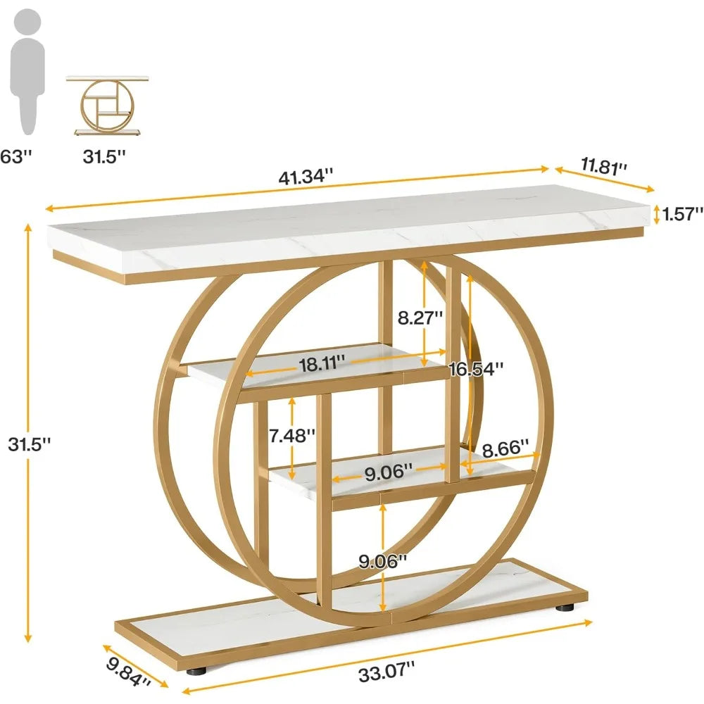 41.3" Console Table, Industrial Style Four Tier Sofa Table Entry Table with Round Base with Storage Shelf
