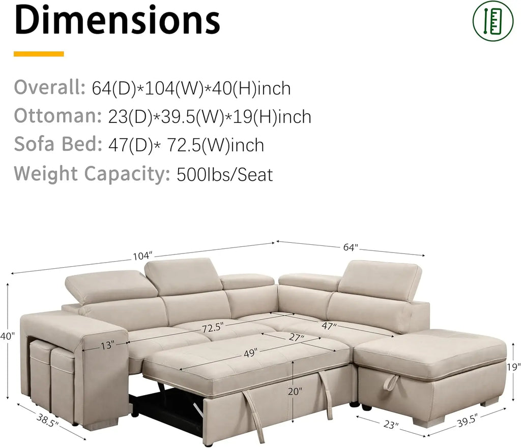 104'' Microfiber L Shaped Sectional Sleeper Sofa Couch with Pull Out Bed and Storage Ottoman, Convertible Couches