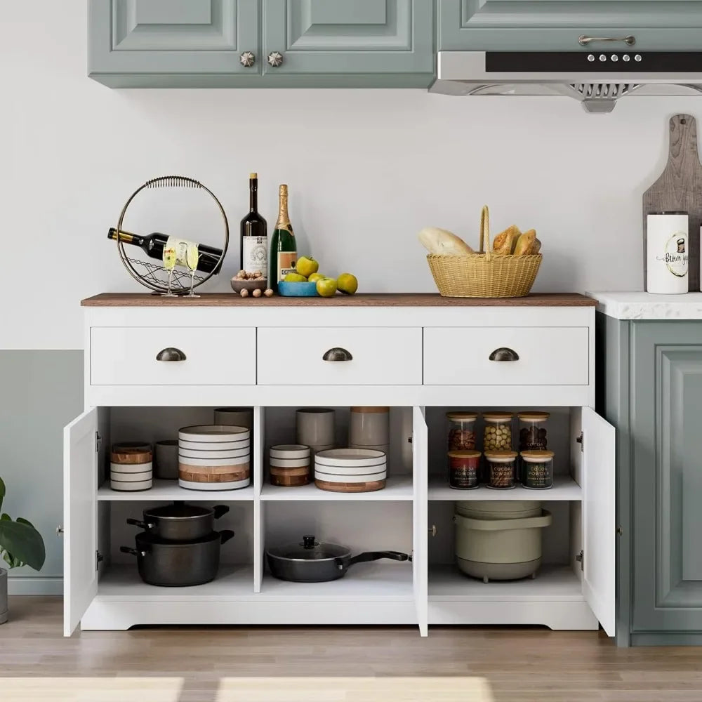 White Buffet Farmhouse Cabinet Storage Sideboard, Bar Wine Cabinet with 3 Drawers & 3 Doors Adjustable Shelves