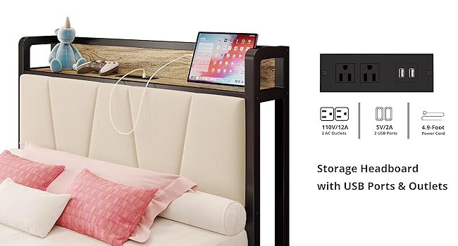 Twin XL/Full/Queen/California King Bed Frames, Storage Headboard with Charging Station, No Box Spring Needed