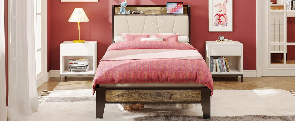 Twin XL/Full/Queen/California King Bed Frames, Storage Headboard with Charging Station, No Box Spring Needed