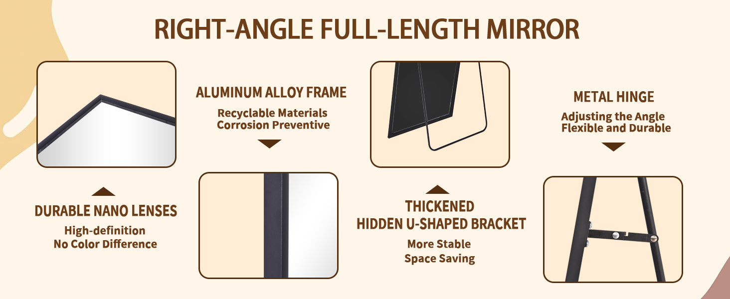 64"x21" Floor Mirror Full Length, Bedroom Floor Body Mirror with Stand, Leaning, Standing or Hanging Horizontally/Vertically