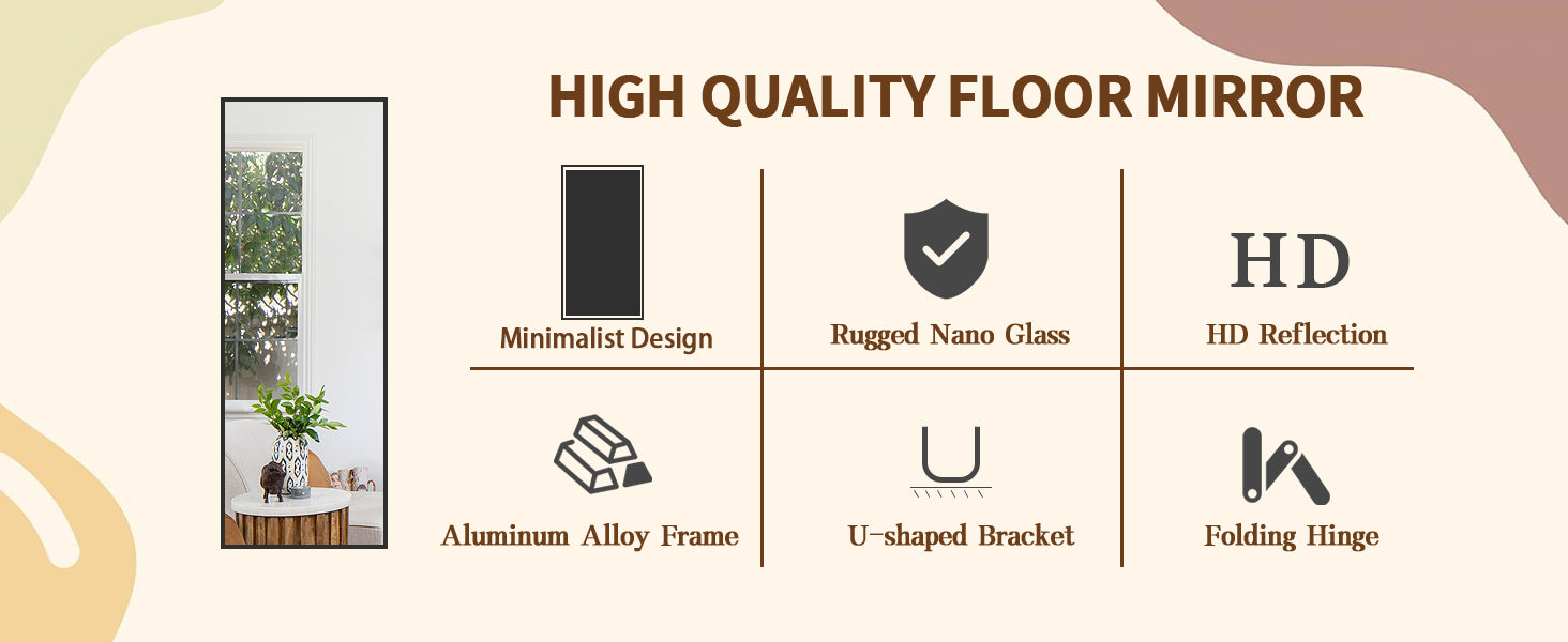 64"x21" Floor Mirror Full Length, Bedroom Floor Body Mirror with Stand, Leaning, Standing or Hanging Horizontally/Vertically