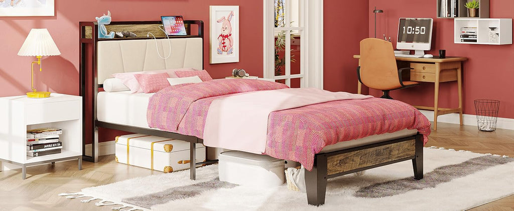 Twin XL/Full/Queen/California King Bed Frames, Storage Headboard with Charging Station, No Box Spring Needed